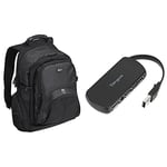 Targus Travel Laptop backpack, Lightweight 20L Work plus school Bag, Commuters rucksack, Black (CN600) & 4-Port USB Desktop Hub, Black (ACH114EU)