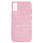 Coque Iphone XR paillettes rose personnalisee texte blanc