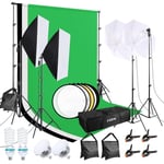 FGen Softbox Kit Studio Photo Coton Vert 2,6 m x 3 m Système de Fond pour Studio Photo avec Lampe Photo CFL 135 W 85 W LED Lampe Photo réflecteur Parapluies Photo Sac de Sable pour vidéo Photographie