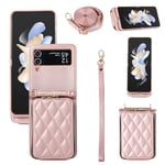 ELISORLI Wallet Case for Samsung Galaxy Z Flip 3 5G 2021 with Wrist Strap Shoulder Strap Mutiple Card Slots Zipper Purse, Luxury PU Leather Stand Cell Phone Cover for ZFlip3 Z3 Flip3 3Z Women Pink