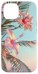 iPhone 14 Palm Tree Hibiscus Sunset on the Beach Light Blue Case