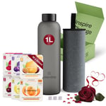 waterdrop® Cadeau Saint Valentin, Coffret Dégustation Verre, Bouteille en verre 1 L + 18 Cubes à Boire en 6 saveurs, Sans sucre, Boisson en cube, Gourde d'eau, Cadeau Pour Homme & Femme