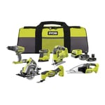 RYOBI - Kit 6 outils 18V ONE+ : Perceuse percussion, Scie sauteuse, Ponceuse triangulaire, outil multi-fonction, Scie circulaire, Aspirateur - batterie 1x4Ah, 1x2Ah, chargeur, sac - RCK186O-242SZL