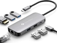 NOVOO USB C Hub Ethernet, 7 in 1 USB C Multiport Adapter, 4K@60Hz HDMI, 1Gbps Ethernet, 3 USB 3.0, USB 2.0, 100W PD, USB C Docking Station, USB-C Hub for MacBook M1/M2, iPad Pro, Steam Deck, Laptops