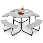 COSTWAY Ensemble de Table Ronde de Pique-nique et 4 Bancs, pour 8 Personnes, Trou pour Parasol, pour Patio, Jardin, Gris