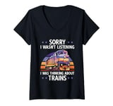 Womens Model Railroad Conductor Wagon Train Thinking About Trains V-Neck T-Shirt