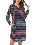 Nieery Chemise de Nuit Femme Manche Longue à Rayures en Coton avec Poche mi-Longue col en V Pyjama Femme Hiver Robe de Nuit Ample Grande Taille Nuisette Femme Coton