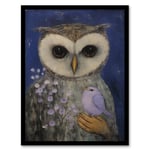 The Owls Pet Surreal Dream Oil Painting Night Owl With Lavender Flower And Small Bird Art Print Framed Poster Wall Decor