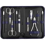 Mega kit manucure Solingen 12 pièces - coffret cadeau femme/homme, coupe ongle, limes a ongles, pince à épiler, repousse cuticule, cuir bleu foncé