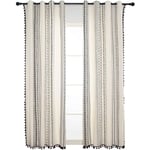 Rideau de style bohème noir, rideaux de fenêtre bohème géométriques en lin avec pompons, rideaux de style maison de campagne pour chambre à coucher,