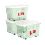 Cetomo 35L*3 Boîtes de Rangement avec Couvercles, Boîte de Rangement en Plastique avec Clips et Roulettes, Empilables, Encastrables, pour Placard de Bureau à Domicile, Vert Transparent, 35L, Lot de 3