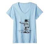 Womens Astronaut Hitchhiking to Earth Black & White Design V-Neck T-Shirt