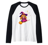 Pixelated Little Purple Witch on a Broomstick for Kids Raglan Baseball Tee