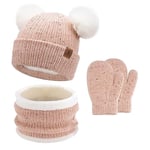 Enfants Bébés Hiver Bonnet Gants Tactiles Écharpe Ensemble Bonnet Pompon Moufles Cache-Cou avec Doublure Polaire pour 0-4 Ans Fille Garçon