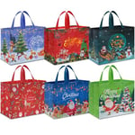 AhfuLife Grand Sacs Cadeau Noël, 40 x 36 x 15cm, 6Pcs Sac Cadeau Noël en Non Tissé, Pochette Fourre-tout de Noël avec Poignées, Sacs à Courses Réutilisables pour Fête de Noël