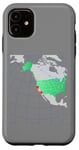 Coque pour iPhone 11 Carte des États-Unis et de l'Amérique du Nord. Rouge surligné Californie