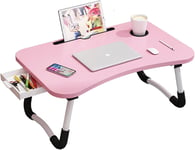 Support de lit pliable pour ordinateur portable, plateau de petit-déjeuner portable, support de lecture et d'écriture avec tiroir pour lit, canapé, sol (rose)