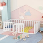 Lit coffre-Lit enfant 90 x 200, cadre de lit au sol en bois avec clôture et porte, blanc