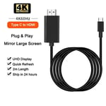 2m 4K 60Hz Black Câble USB de type C vers HDMI, adaptateur HDTV, convertisseur TV, iPhone 15, MacPleAir, iPad, Samsung, ordinateur portable, 4K, 60Hz ""Nipseyteko