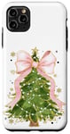 Coque pour iPhone 11 Pro Max Coquette rose avec nœud en ruban et sapin de Noël vert pour fille