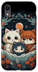 Coque pour iPhone XR mignon anime chat portrait de famille avec couronne, lune, fleurs