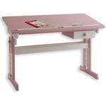 Bureau enfant écolier junior flexi table à dessin réglable en hauteur et pupitre inclinable avec 1 tiroir en pin lasuré blanc rose - Blanc/Rose