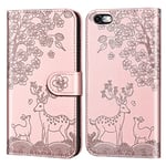 Aisenth Case for iPhone 6/iPhone 6S (4.7 inch), Embossed Sika Deer Floral Animal Design PU Leather Flip Wallet Case Protective Magnetic Cover with Card Slots + 1 Wrist Strap (Rose Gold)