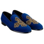DOLCE & GABBANA Cross Studs Pearls Embroidered Velvet Loafer MILANO Blue 08610