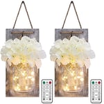 Glighone 2PCS Wall Sonces Mason Jar Wall Lights, Vintage Rustic Wall Sconces with 8 Modes Timer Remote Control Hanging Battery Powered LED Fairy Light with Artificial Flower Farmhouse Home Decor