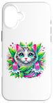 iPhone 16 Plus Beloved Cat with Green Leaves Cat Lovers Pink Waterfalls Case