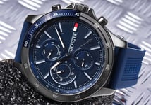 NEW GENUINE TOMMY HILFIGER MENS WATCH BANK TH1791721 BLACK & GREY TONE BLUE DIAL