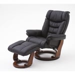 Fauteuil relax avec repose pieds en cuir coloris noir avec tabouret / Pieds en bois coloris noyer - Longueur 87 x Hauteur 106 x Profondeur 85 cm