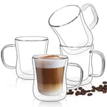 ComSaf Verres à Latte Macchiato à Double Paroi 4x250ml, Lot de 4 Tasses à Café en Verre Borosilicaté, Verres à Thé en Verre à Café Avec Anse Pour Cappuccino, Latte, Thé, Americano Glacé, Lait, Jus