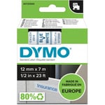 Dymo D1-tejp 12 mm x 7 m, blå på vit bakgrund