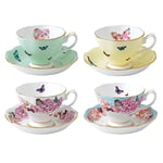 Royal Albert Miranda Kerr Coffret Cadeau 8 pièces avec Tasse à thé et Soucoupe – Service Vintage pour 4 Personnes, avec Tasse à thé et Soucoupe en Porcelaine Anglaise – Motif Papillon et Floral