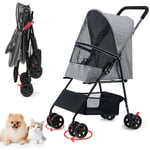 Poussette Chien, avec Panier de Rangement, 4 Roues, Poussette pour Chien Chat Tout Terrain Pliable, Léger et Pratique - Gris