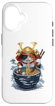 Coque pour iPhone 16 Chat Samouraï mangeant des ramen Anime