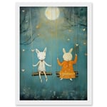 Rabbits on a Swing with Moonlit Butterflies Calming Baby Nursery Artwork Framed Wall Art Print A4