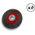 Lot de 6 brosses circulaires acier ø 200 mm Epaisseur 3 rangs Fil souple 0.20 mm ondulé Alésage 32 mm + réducteur bague 25/22/20/16/12 mm Touret