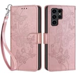 Betunistoy Coque pour Samsung Galaxy S24 Ultra 5G, Housse en Cuir PU Flip Pochette Portefeuille Étui avec Emplacement Carte Samsung S24 Ultra Coque Magnétique Antichoc (Papillon - Or Rose)