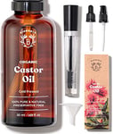 Bionoble Organic Castor Oil 50ml - 100% Pure, Natural, Cold Pressed - Lashes, Eyebrows, Body, Hair, Beard, Nails - Vegan, Cruelty Free - Glass Bottle + Pipette + Pump + Mascara Kit