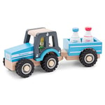 New Classic Toys- Tractor Traktor Tracteur avec Remorque Lait de Bidon Jouet en Bois pour Enfant, Simple, 11942, Blue, Moyen