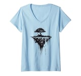 Womens Surreal Floating Island Shirt - Dark Forest and Tree Art V-Neck T-Shirt