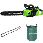 Greenworks 40V 40cm Tronçonneuse à Batterie avec Moteur Sans Balais, SANS Batterie 40V et Chargeur + Greenworks 40cm Chaîne + Sac à déchets de jardin Greenworks 120 L