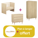 Sauthon Chambre Trio Paloma : Lit 60x120 bébé bois, Commode 3 tiroirs Armoire 2 portes Plan à langer bois offert