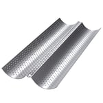 Dilpeak Moulle baguette four, moulle à baguette pain, moule baguette, plaque de cuisson perforée Anti-antiadhésif, pour 2 baguettes, moules à pain en haute qualité (38x16.2x2.4cm argent)