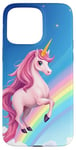 Coque pour iPhone 15 Pro Max Licorne rose colorée et arc-en-ciel fantaisie art mignon