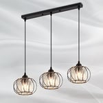 SUCIKORIO Suspension Luminaire Industrielle, 3 Lampes Noir Lustre Salon Vintage Lustre Salle à Manger E27 Métal Cristal Plafonnier Industriel Sans Ampoule pour Cuisine, Chambre, Salle a Manger