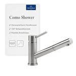 Robinetterie Villeroy & Boch Como Shower, haute pression, robinet avec douchette extractible et rotation 120°, robinetterie économique, bec 120 mm, acier inoxydable massif