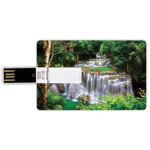 32G USB Flash Drives Credit Card Shape Waterfall Memory Stick Bank Card Style Stunning View of Waterfall in Kanjanaburi Stream Crossing Forest,Green Light Coffee White Waterproof Pen Thumb Lovely Jump